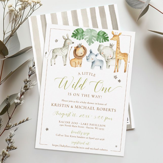 Invitación Pequeño salvaje un Safari niño de animales Baby Sh (Watercolor jungle safari zoo animals Little Wild One green tropical simple baby boy shower invite)