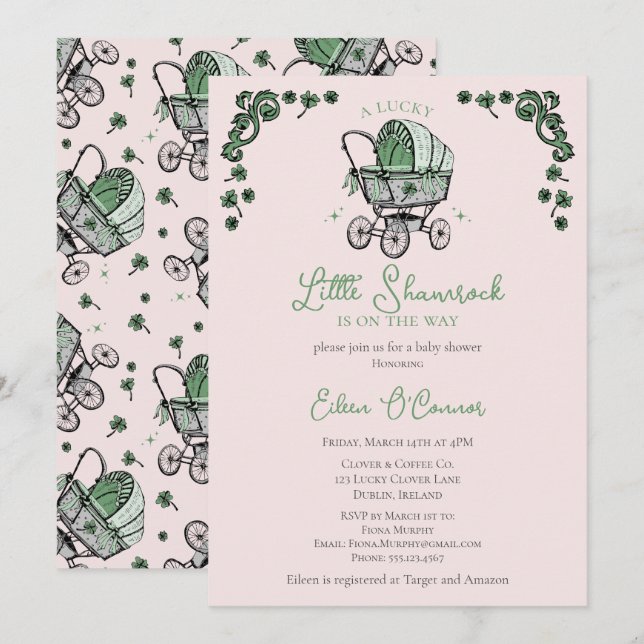 Invitación Pequeño Shamrock rosado St Patrones Baby Shower (Anverso / Reverso)