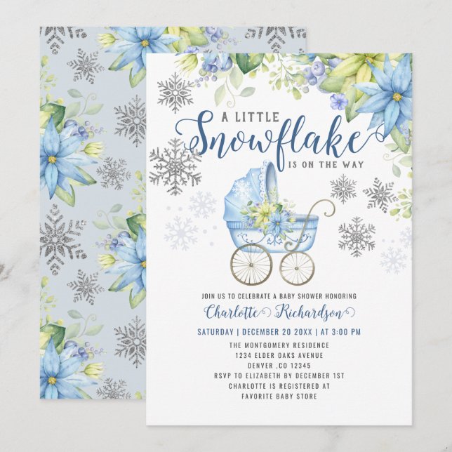 Invitación Pequeño Snowflake Blue Floral Winter Baby Shower (Anverso / Reverso)