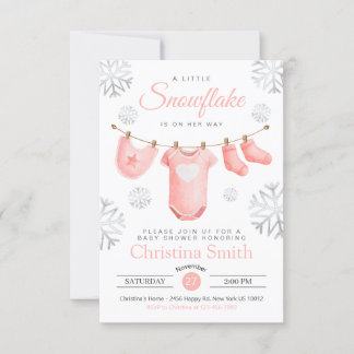 Invitación Pequeño Snowflake En La Ruta De La Bebé Rosa