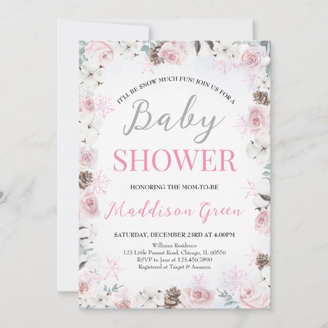 Invitación Pequeño Snowflake floral rosa Baby Shower (Anverso)