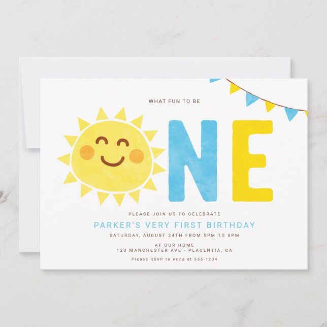 Invitación Pequeño Sol Mínimo Primer Niño Cumpleaños (Anverso)
