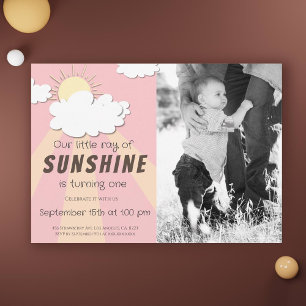 Invitación Pequeño sol rosa amarillo primer cumpleaños
