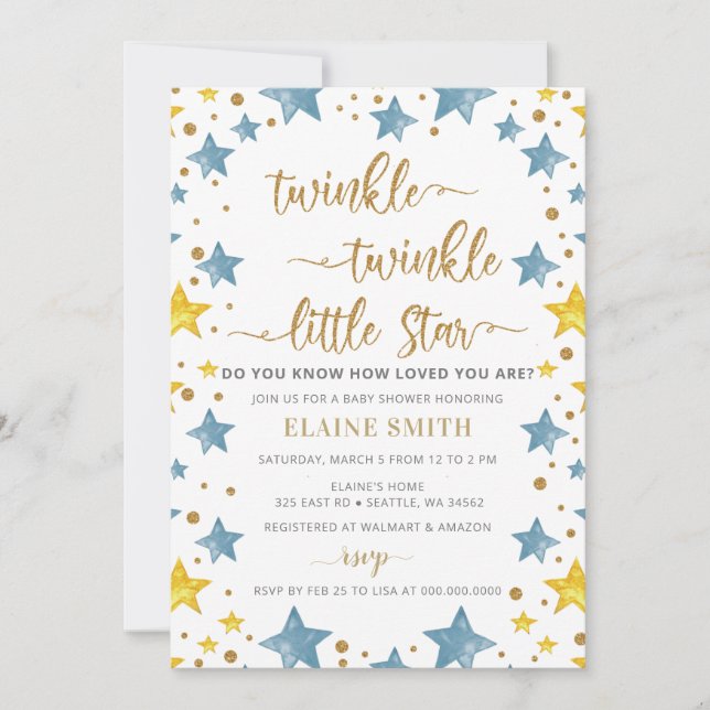 Invitación Pequeño Star Gold Blue Boy Baby Shower (Anverso)