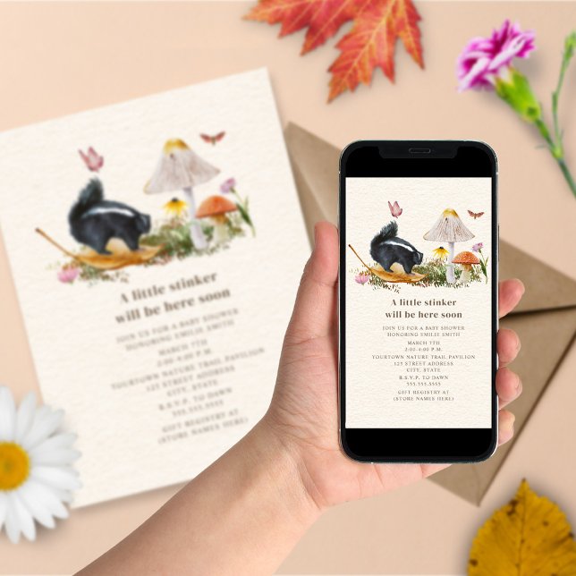 Invitación Pequeño Stinker Floral Woodland Skunk Baby Shower (Subido por el creador)