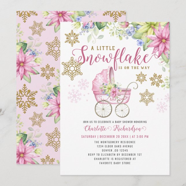 Invitación Pequeño Stroller Floral Rosa de Nieve (Anverso / Reverso)