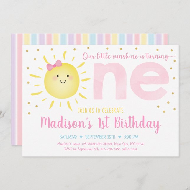 Invitación Pequeño Sunshine Pastel Oro Rosa Primer Cumpleaños (Anverso / Reverso)