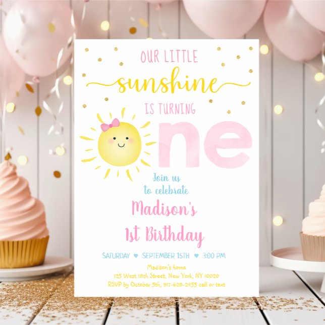 Invitación Pequeño Sunshine Pastel Oro Rosa Primer Cumpleaños (Subido por el creador)