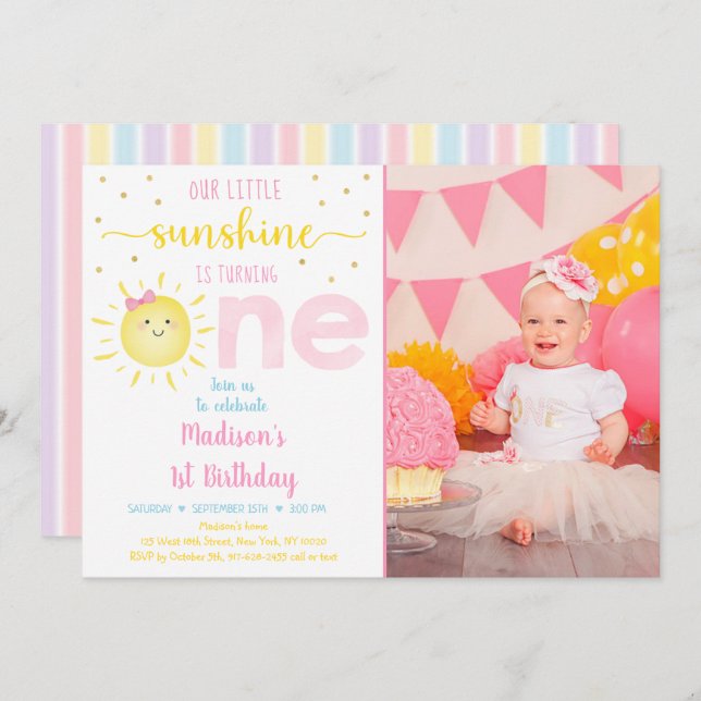 Invitación Pequeño Sunshine Pastel Oro Rosa Primer Cumpleaños (Anverso / Reverso)