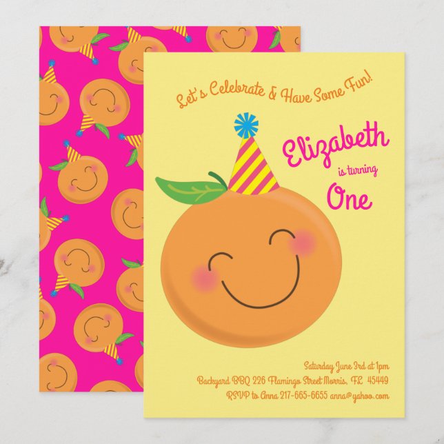 Invitación Pequeño Tangerine Cute Niños Primer Cumpleaños (Anverso / Reverso)