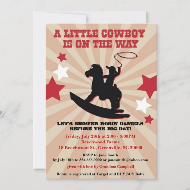 Invitación Pequeño Vaquero Baby Shower invitado, caballo bala (Anverso)