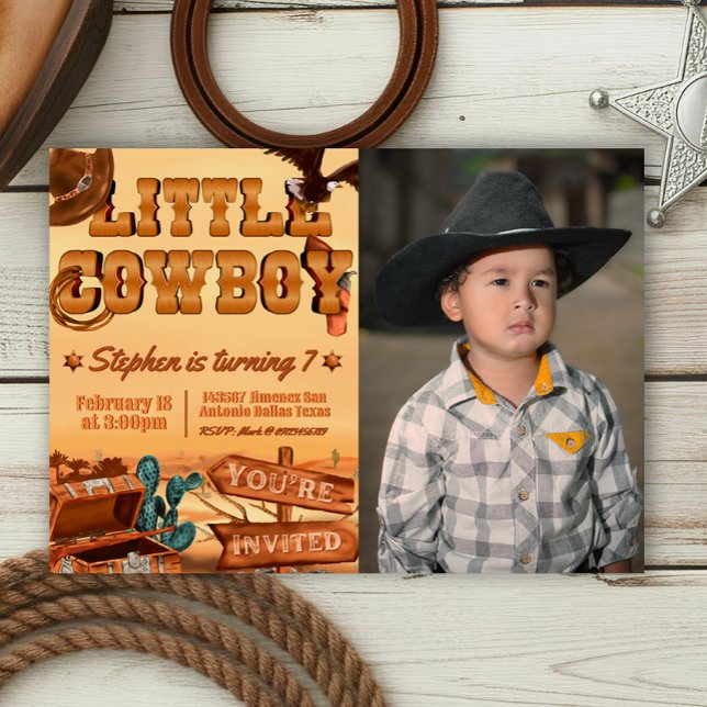 Invitación Pequeño Vaquero con Foto (Little Cowboy -  Boy Birthday Landscape Invitation with Picture)