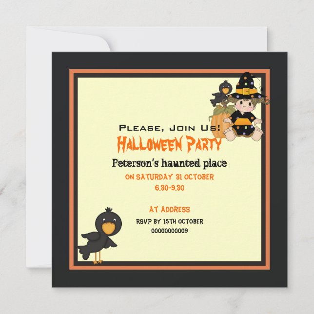 Invitación Pequeño vestido negro de bruja de Halloween naranj (Anverso)