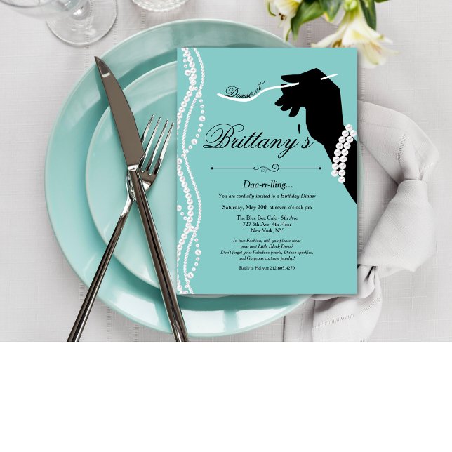 Invitación Pequeño vestido negro Glam azul cena de cumpleaños (Subido por el creador)