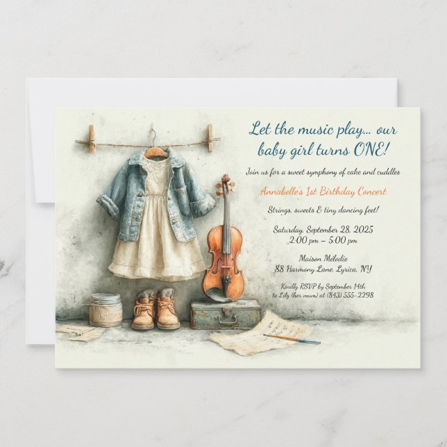 Invitación Pequeño Violinista - Chica del primer cumpleaños (Anverso)