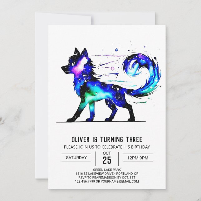 Invitación Pequeño y colorido cumpleaños de Wolf Digital Boy (Anverso)