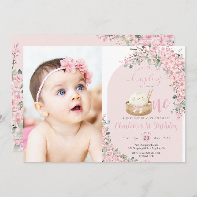 Invitación Pequeño y curado cerezo en flor primer cumpleaños (Anverso / Reverso)