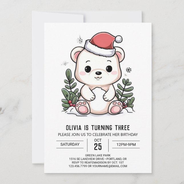 Invitación Pequeño y elegante cumpleaños digital del oso pola (Anverso)