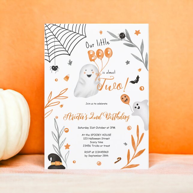 Invitación Pequeño y lindo naranja de Boo Halloween en segund (Cute little Boo Halloween orange 2nd birthday Invitation)