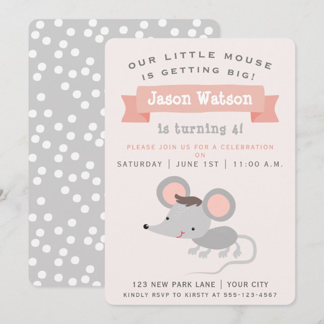 Invitación Pequeño y lindo ratón: fiesta de cumpleaños de un  (Anverso / Reverso)