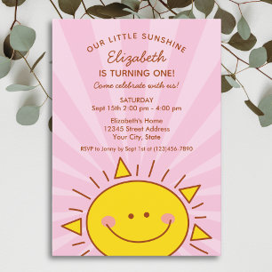 Invitación Pequeño y lindo rayo de sol bebé rosa primer cumpl