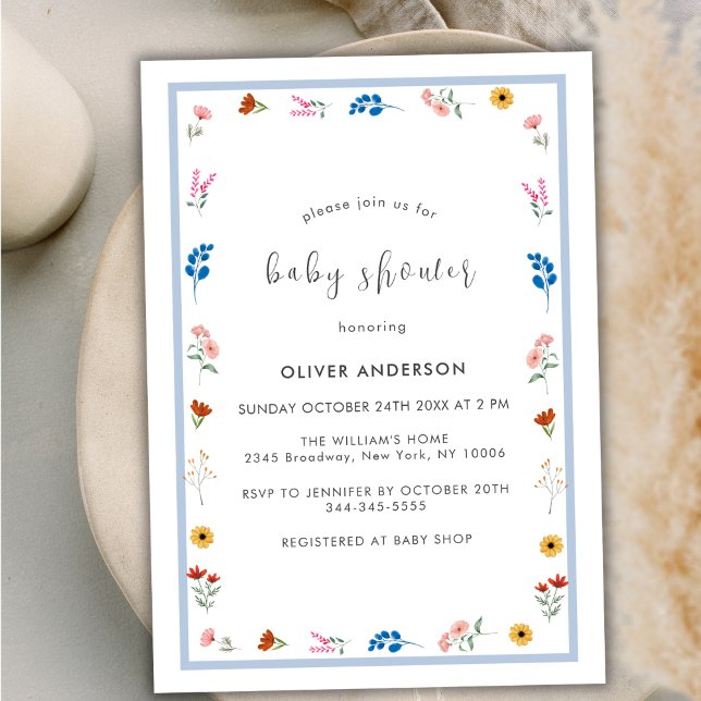 Invitación Pequeño y minimo marco de flores silvestres Baby S (Minimal Little Wildflower Frame Boy Baby Shower Invitation)