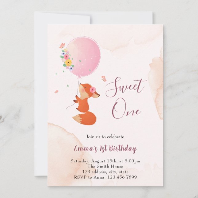 Invitación Pequeño zorro bebé volando en globo (Anverso)