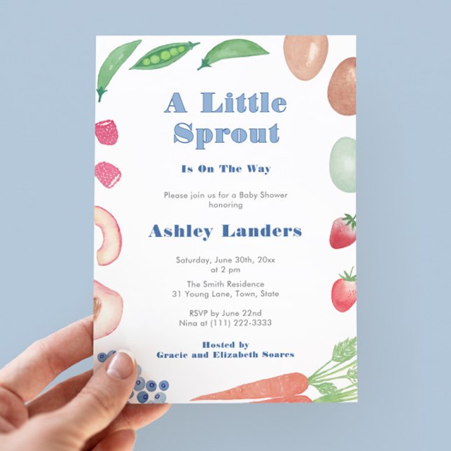 Invitación Pequeños agricultores de brotes comercializan duch (Little Sprout Farmers Market shower invitation to welcome a baby boy. With original watercolor icons)