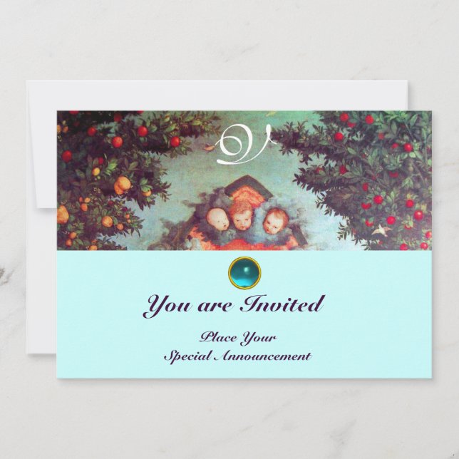 Invitación PEQUEÑOS ÁNGELES MONOGRAMA azul antiguo brillante  (Anverso)