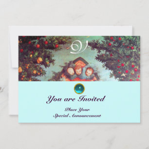 Invitación PEQUEÑOS ÁNGELES MONOGRAMA azul antiguo brillante