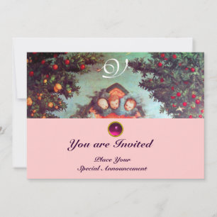 Invitación PEQUEÑOS ÁNGELES MONOGRAMA azul antiguo brillante 