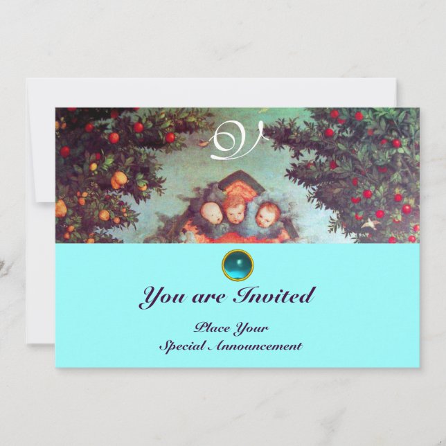 Invitación PEQUEÑOS ÁNGELES MONOGRAMA azul antiguo brillante  (Anverso)