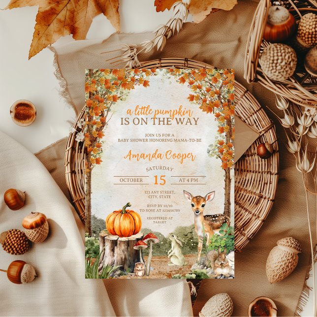 Invitación Pequeños animales de la huerta de calabaza caen en (A little pumpkin is on the way baby shower invitation , fall cozy vibes)