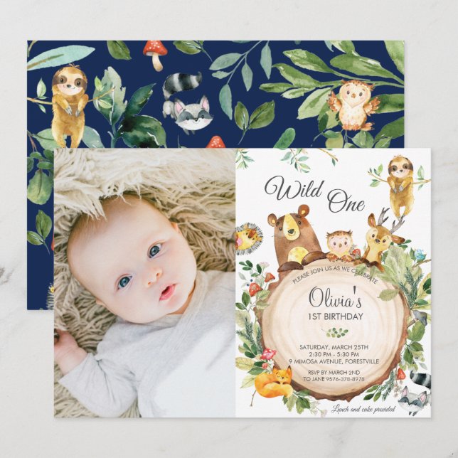 Invitación Pequeños animales de Woodland 1er cumpleaños Wild  (Anverso / Reverso)
