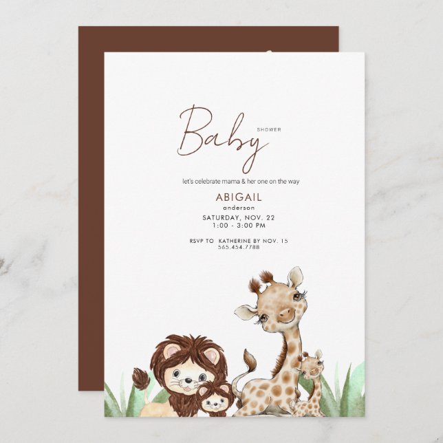 Invitación Pequeños animales de Woodland Baby Shower marrón y (Anverso / Reverso)