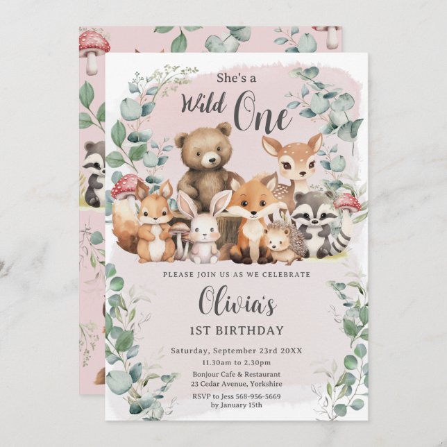 Invitación Pequeños animales de Woodland Pink Wild Un primer  (Anverso / Reverso)