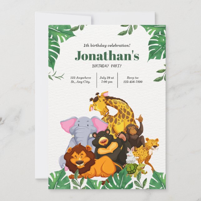 Invitación Pequeños animales juntan Safari primer cumpleaños (Anverso)