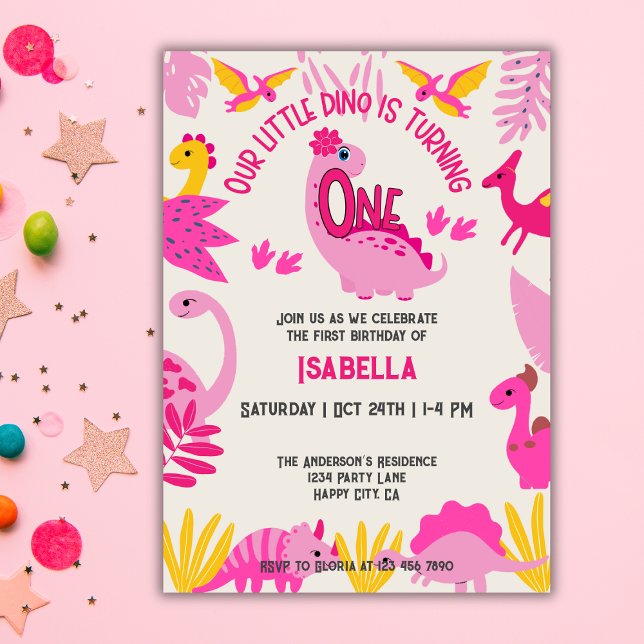 Invitación Pequeños Chicas de dinosaurios rosados 1er cumplea (Subido por el creador)