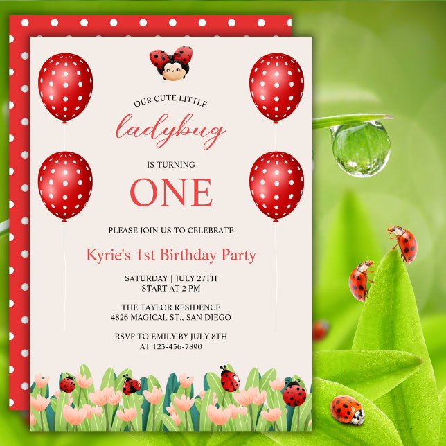 Invitación Pequeños Chicas de Ladybug Rojo Cute Tema de cumpl (Subido por el creador)