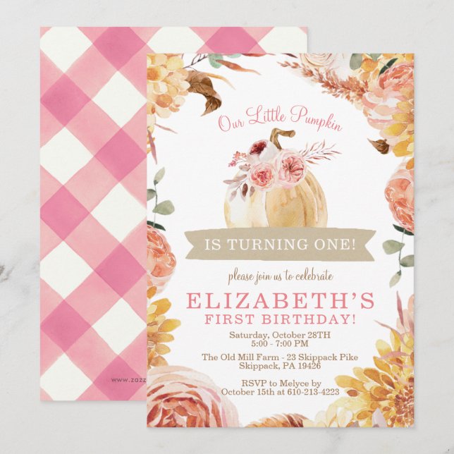 Invitación Pequeños Chicas de PUMPKIN Pink Floral Birday Part (Anverso / Reverso)