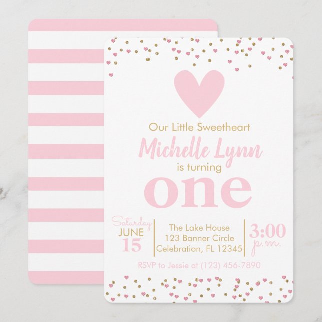 Invitación Pequeños Chicas enamorados rosados y dorados cumpl (Anverso / Reverso)