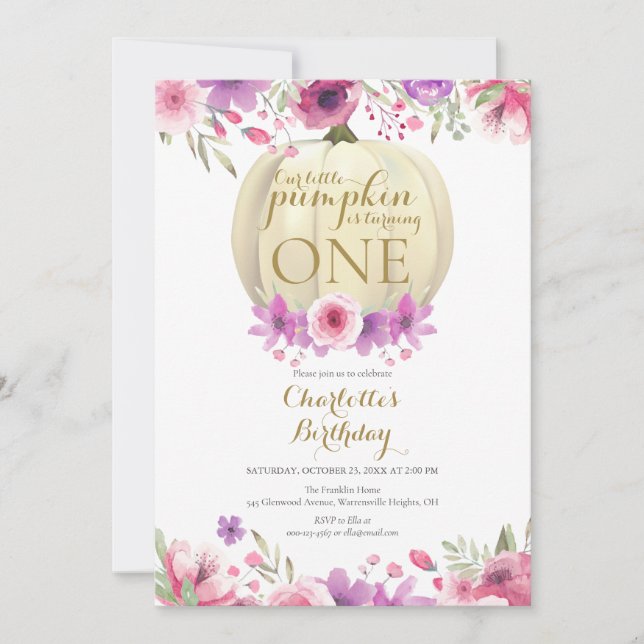 Invitación Pequeños Chicas florales de calabaza Primer cumple (Anverso)