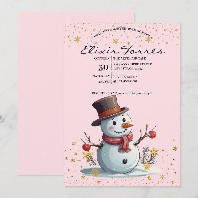 Invitación Pequeños copos de nieve rosados y dorados Baby Sho (Anverso / Reverso)
