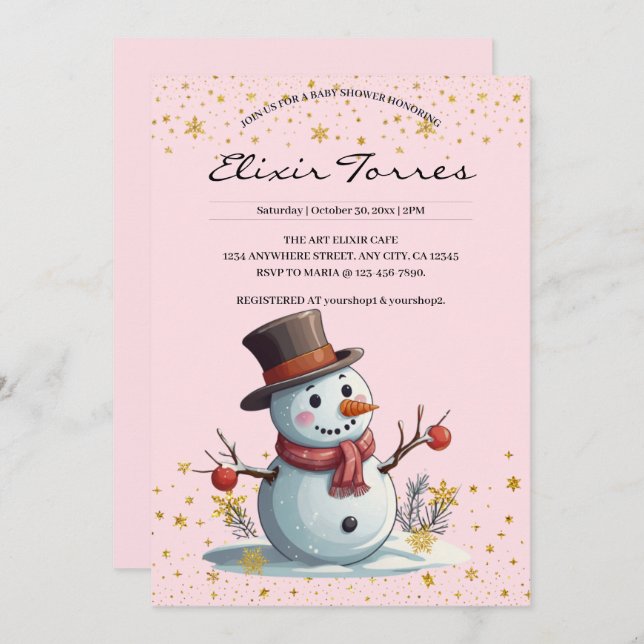 Invitación Pequeños copos de nieve rosados y dorados Baby Sho (Anverso / Reverso)
