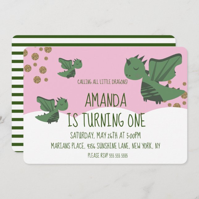 Invitación Pequeños dragones Purpurina y fiesta de cumpleaños (Anverso / Reverso)