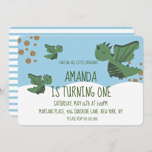 Invitación Pequeños dragones Purpurina y fiesta de cumpleaños (Anverso / Reverso)