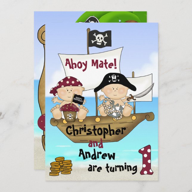 Invitación Pequeños gemelos Buccaneer ~ Pirata Primer cumplea (Anverso / Reverso)