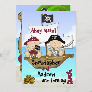 Invitación Pequeños gemelos Buccaneer ~ Pirata Primer cumplea