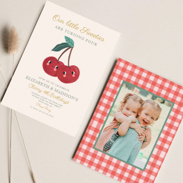 Invitación Pequeños gemelos Cherry First Birthday (Subido por el creador)