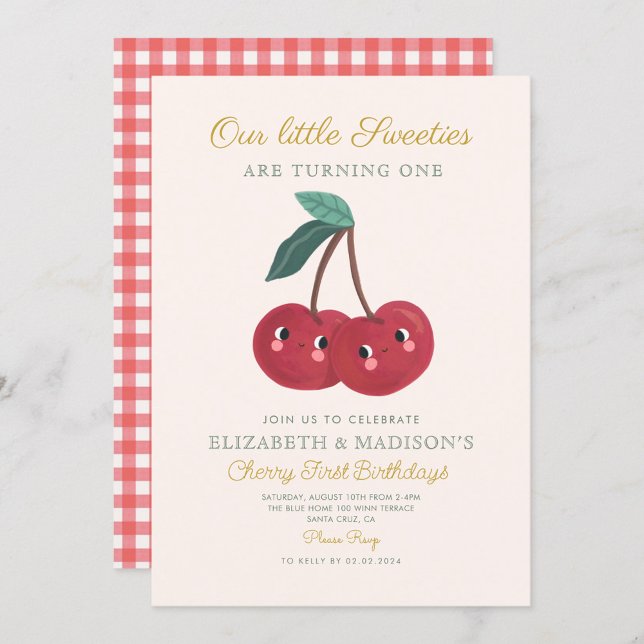 Invitación Pequeños gemelos Cherry First Birthday (Subido por el creador)